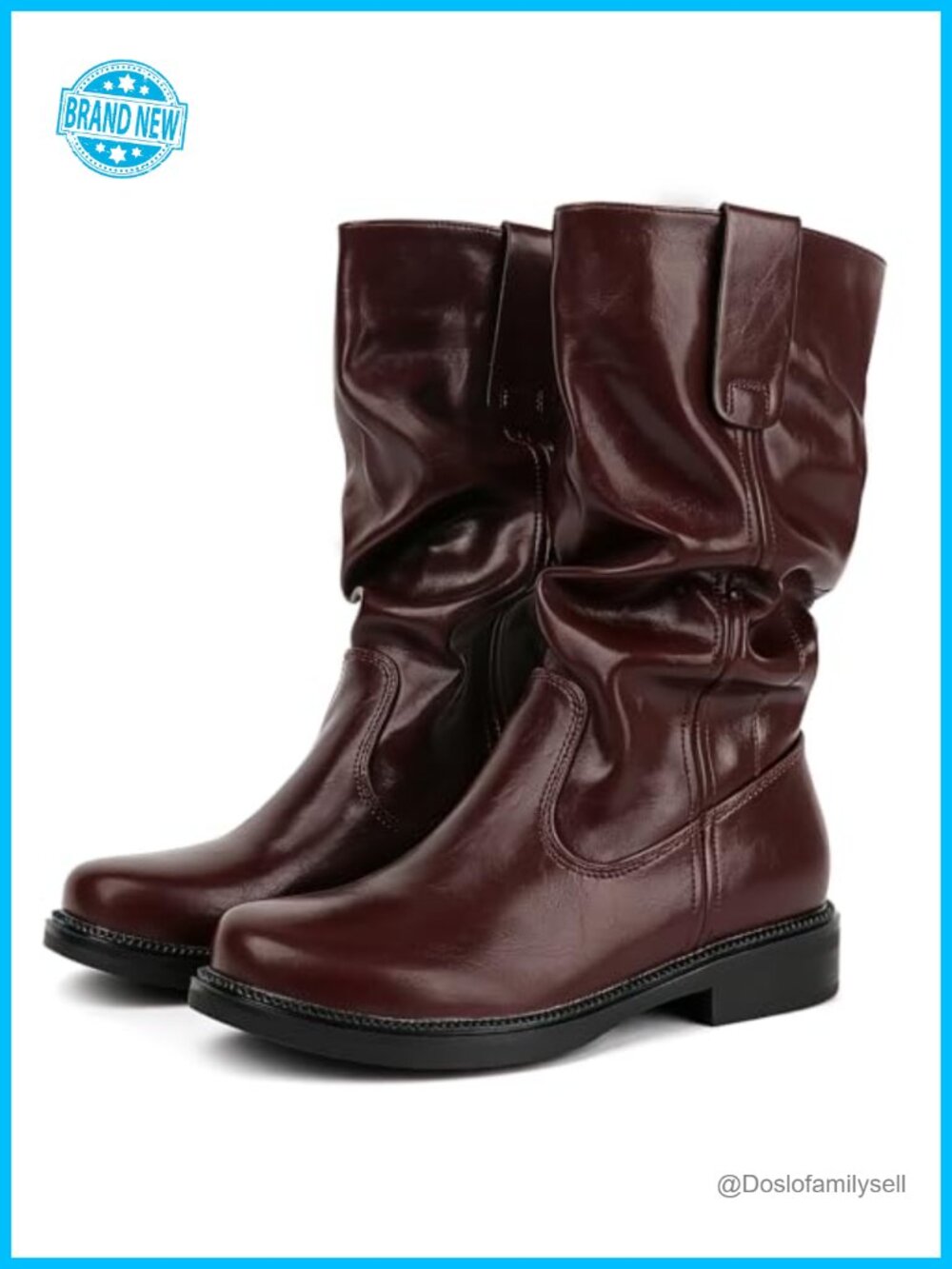 Women's Mid Calf Slouch Boots Low Heel Pull On Flats Faux Leather